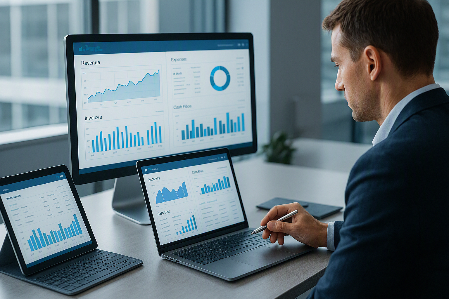 Cloud‑based dashboard showing live revenue and expense tracking