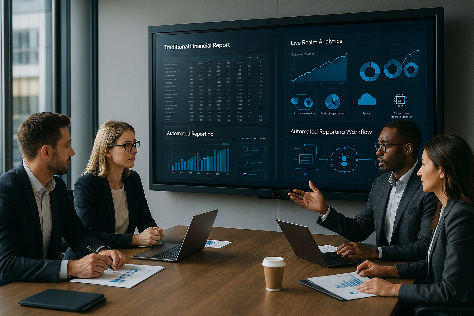 Finance team reviewing live dashboards in a collaborative workspace