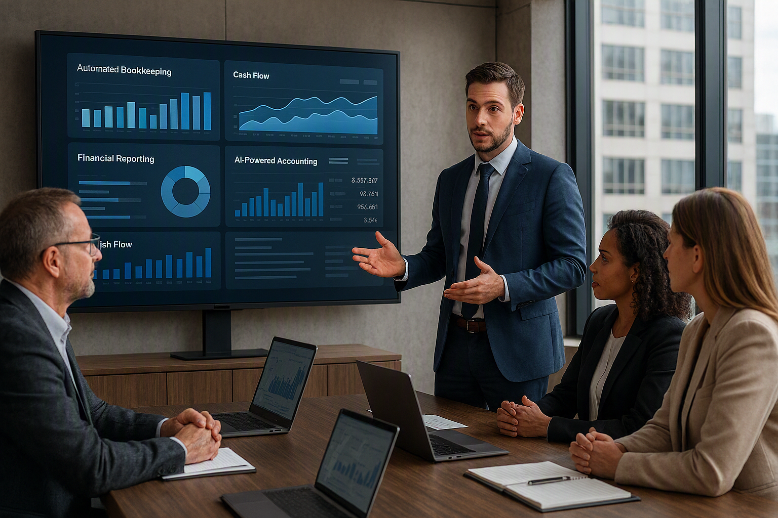 Business owner and financial advisor analyzing live financial data