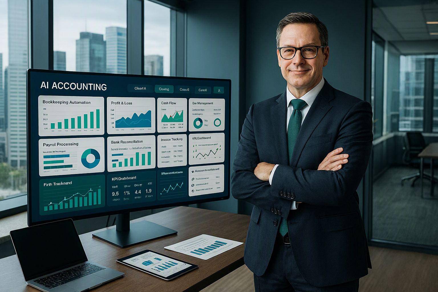 Confident accounting firm owner managing multiple clients with AI-powered platform