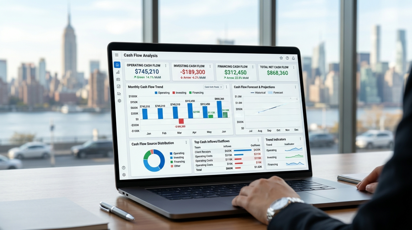 Cash flow dashboard showing real-time financial data