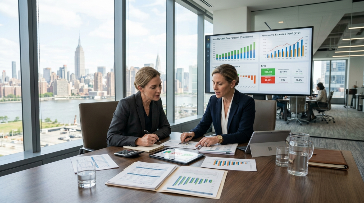 Business owner reviewing cash flow strategy with financial team