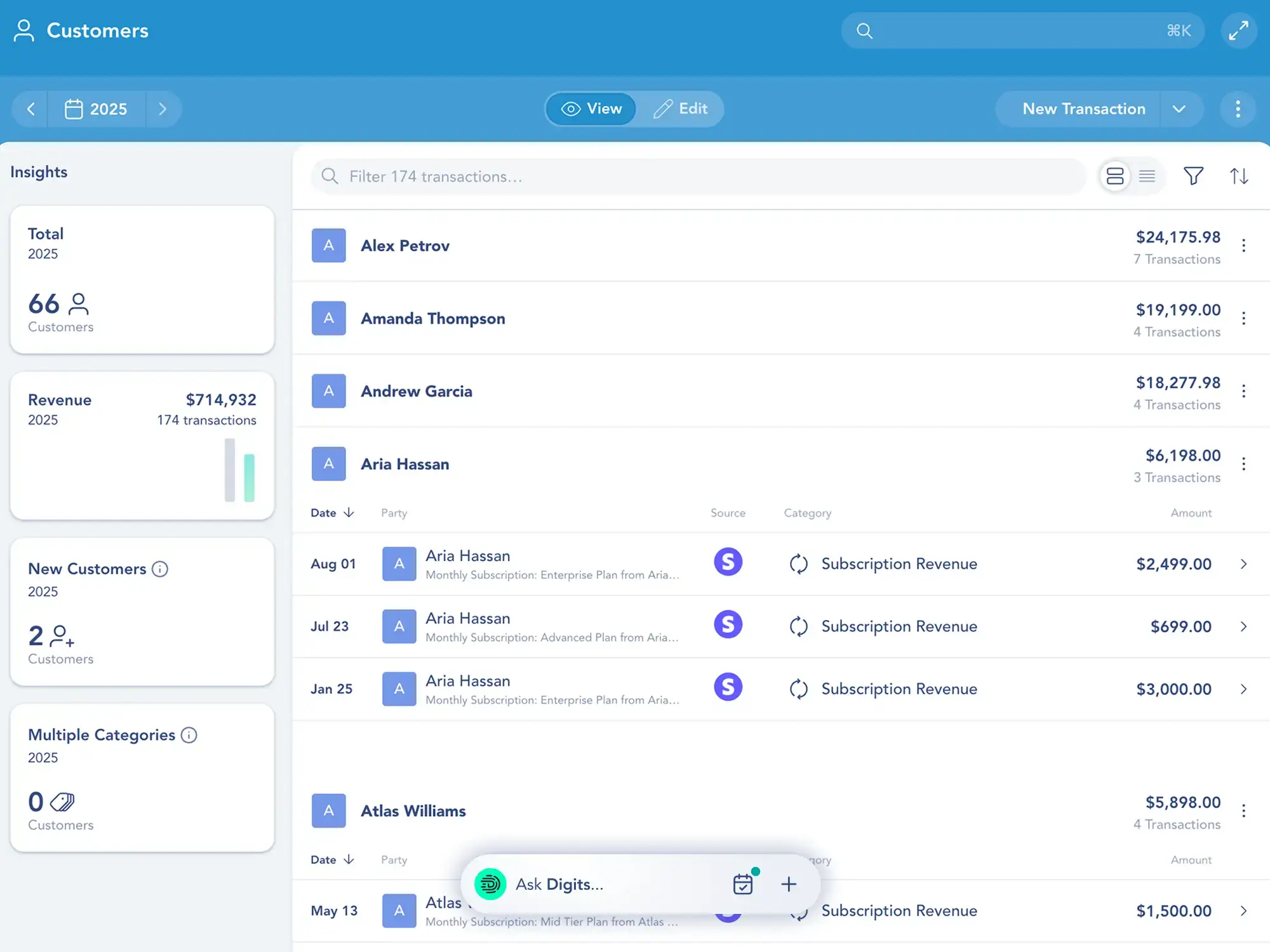 Finora Customers screen