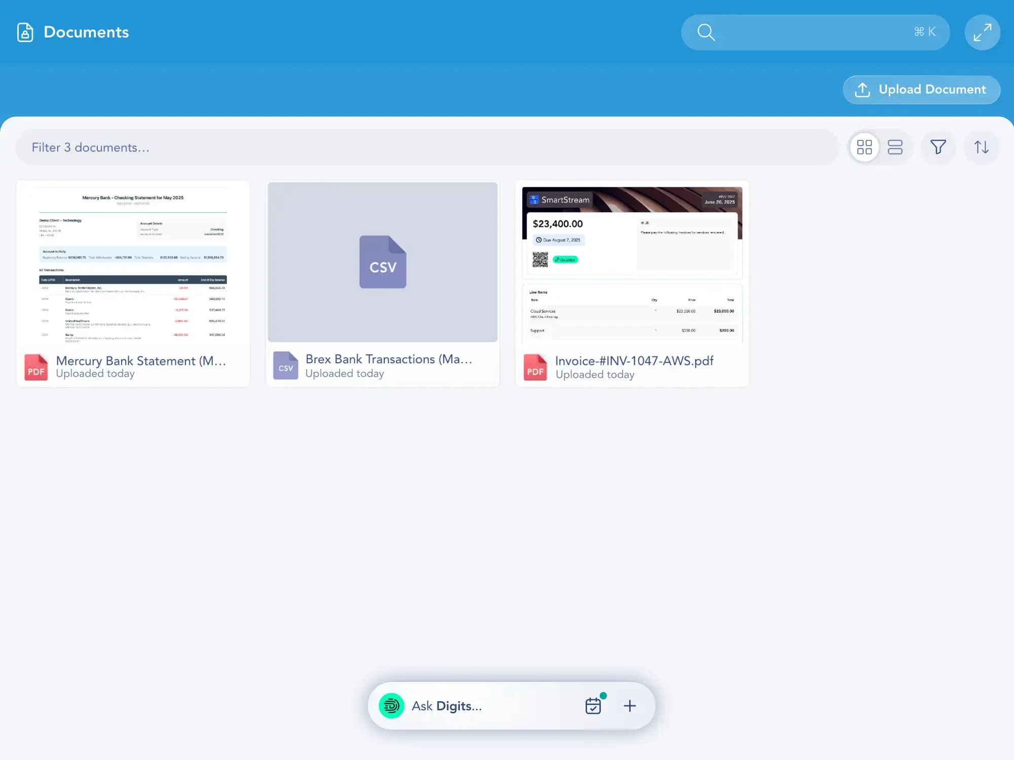 Finora Documents screen