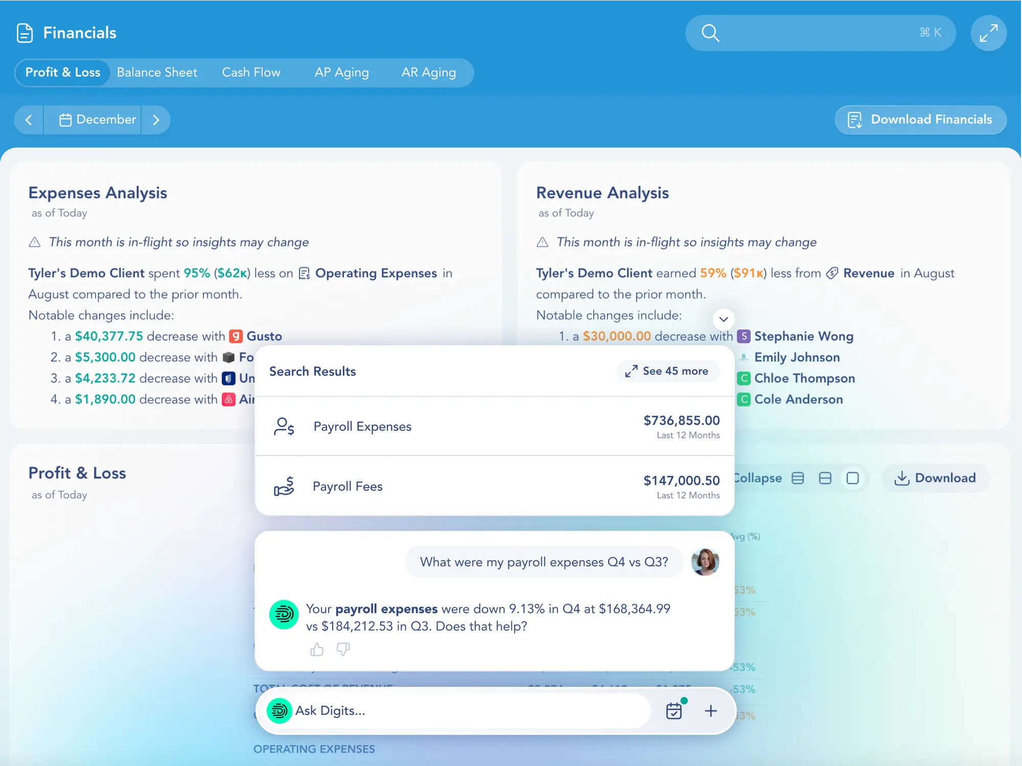 Finora Financials screen