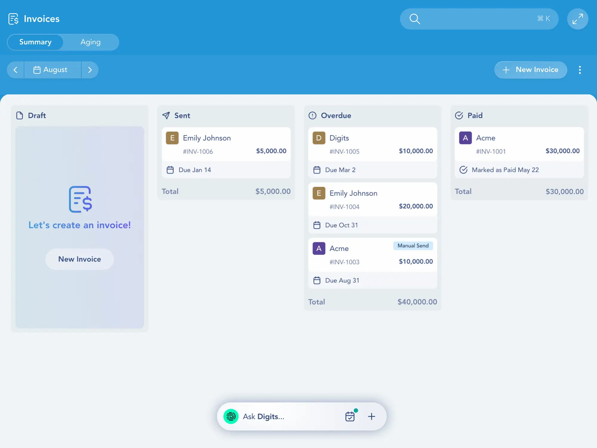 Finora Invoices screen