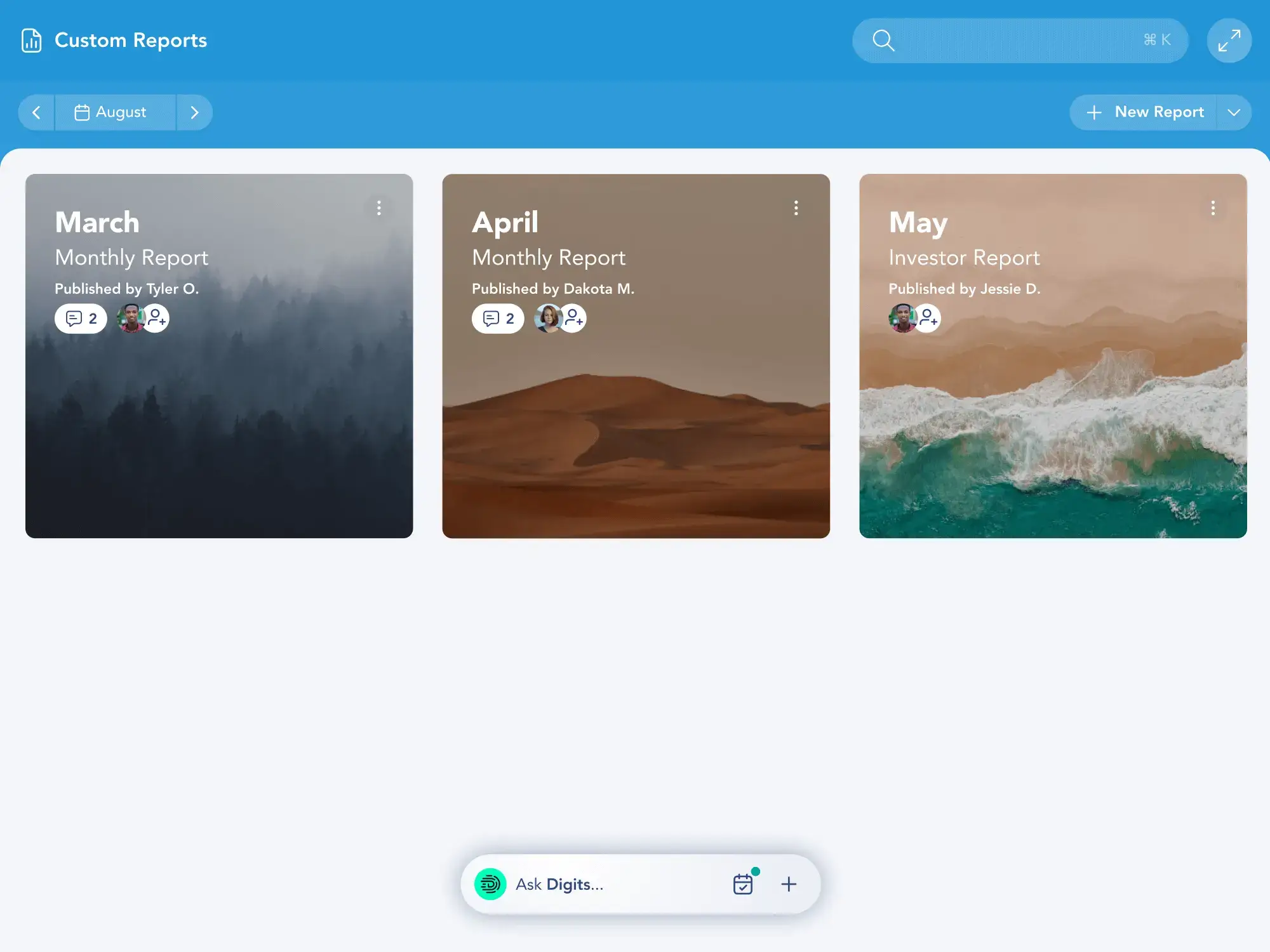 Finora Custom Reports screen