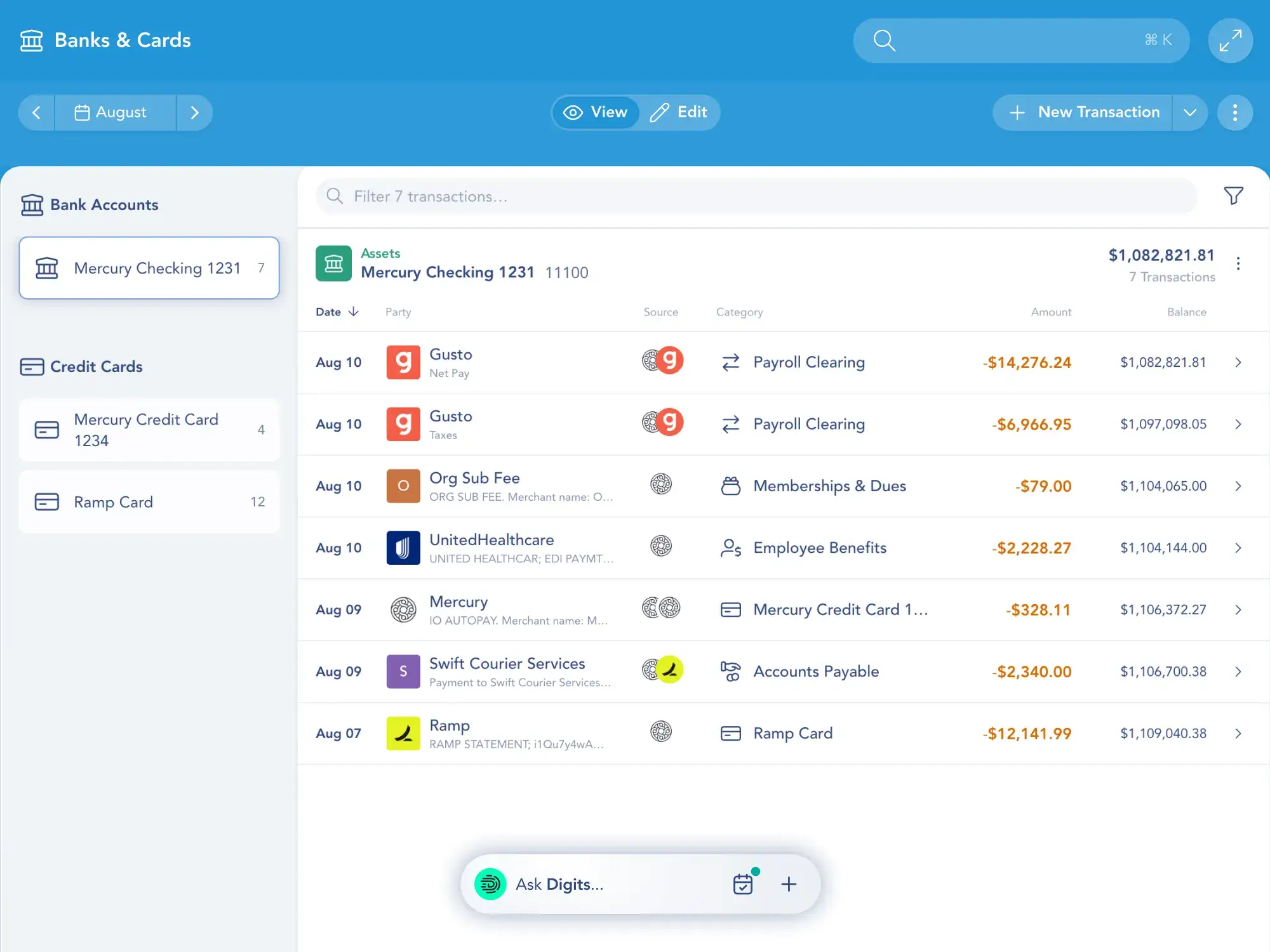 Digits Banks & Cards screen