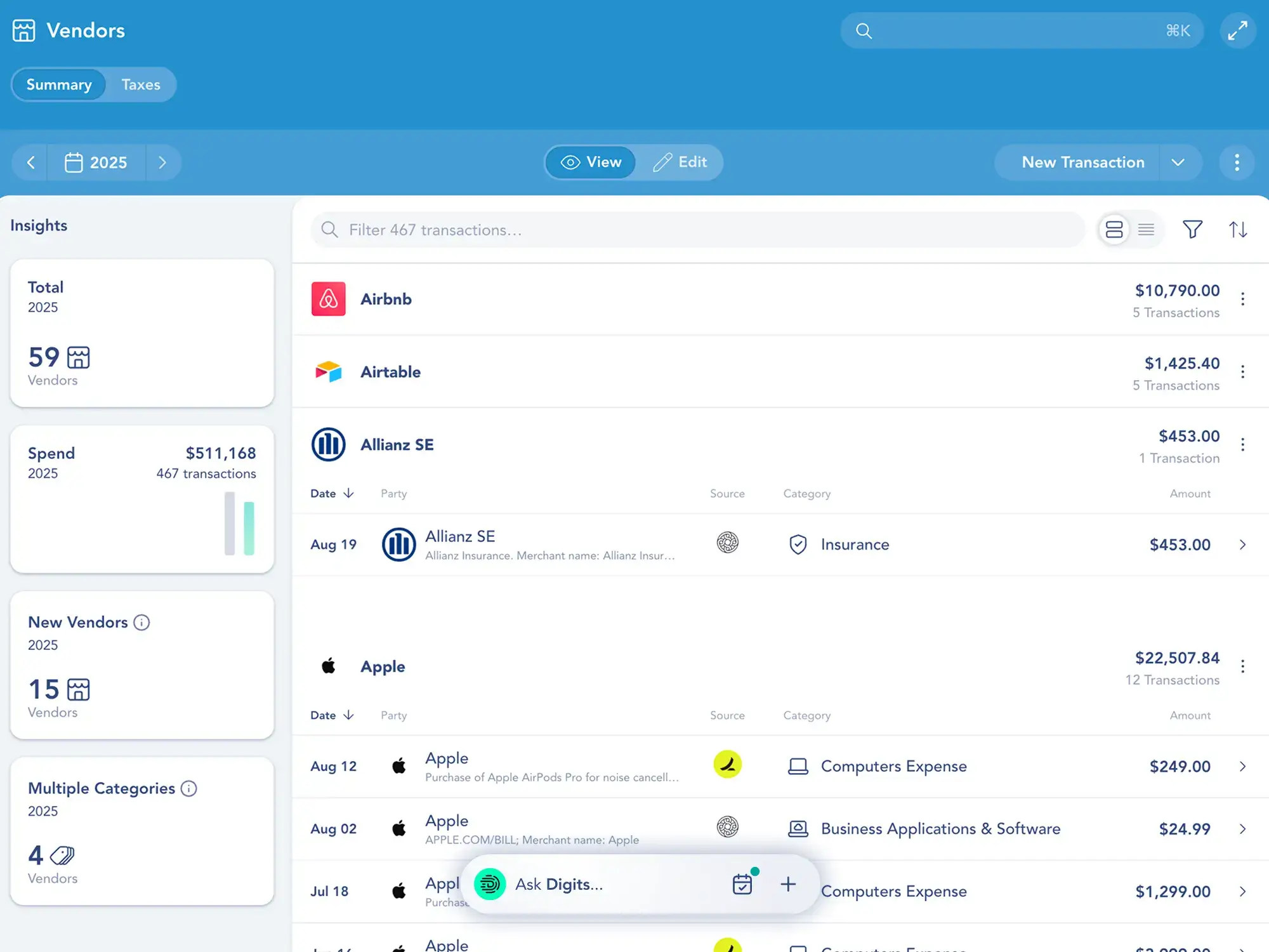 Digits Vendors screen